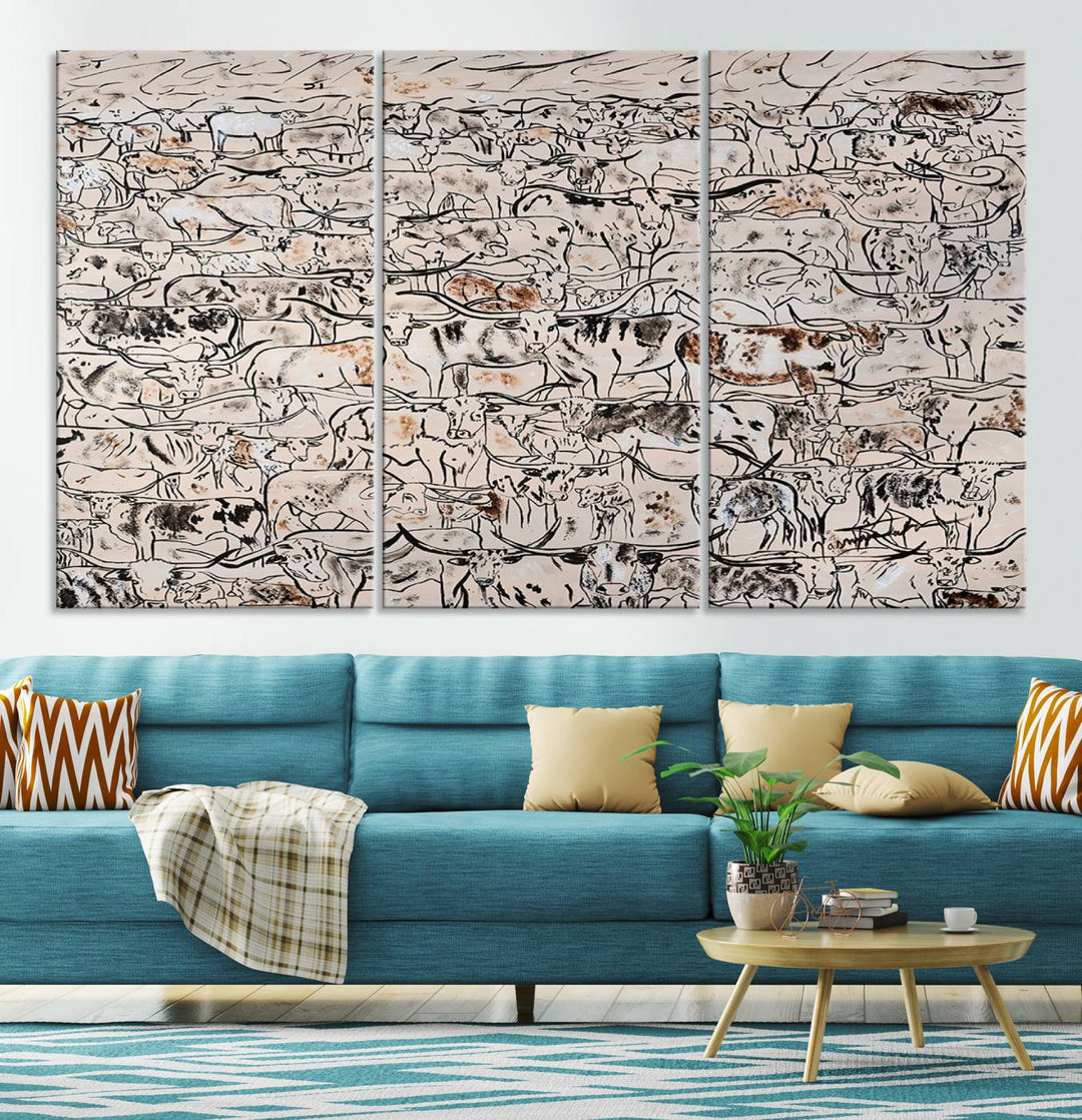 3 Panel Abstract Bull and Cattle Canvas Wall Art - Rustic Farm Animal Design for Living Room, Farmhouse, or Study, Ready to Hang