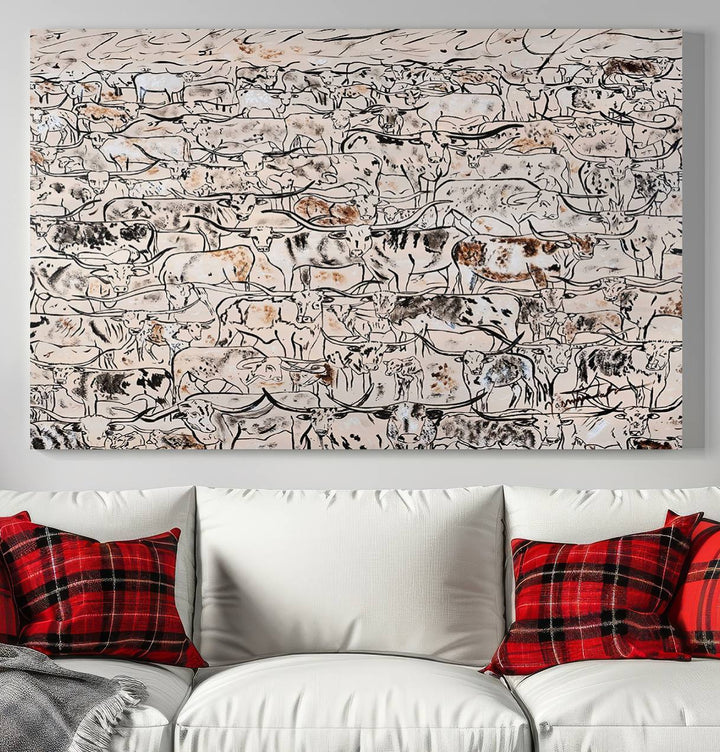 3 Panel Abstract Bull and Cattle Canvas Wall Art - Rustic Farm Animal Design for Living Room, Farmhouse, or Study, Ready to Hang