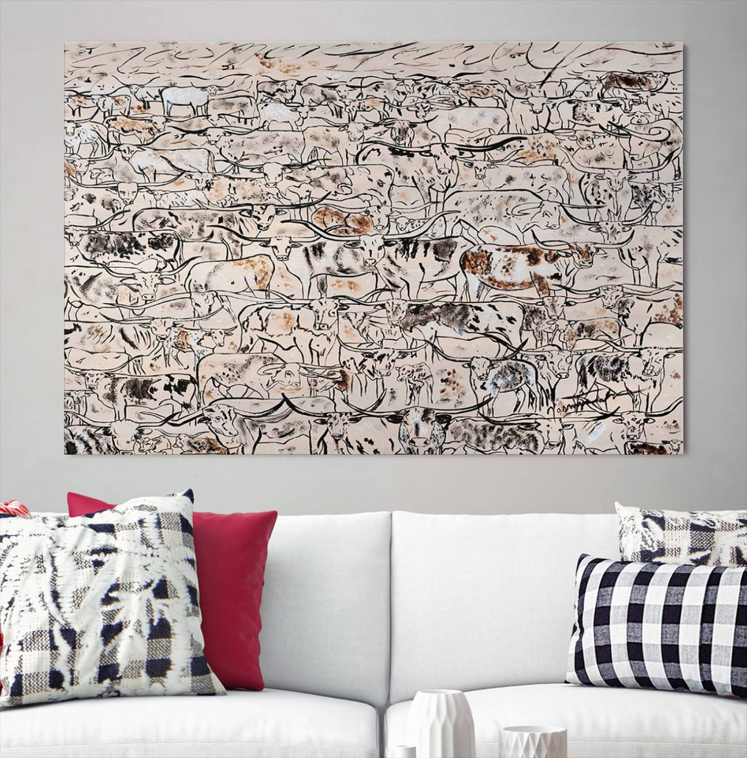 3 Panel Abstract Bull and Cattle Canvas Wall Art - Rustic Farm Animal Design for Living Room, Farmhouse, or Study, Ready to Hang