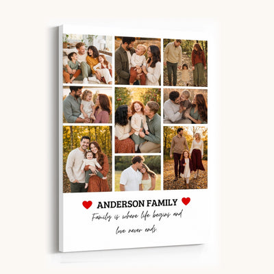 Nine photo family collage wall art with red hearts
