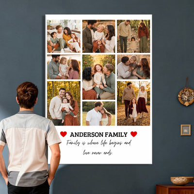 Custom family photo collage with name and quote