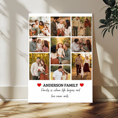 Personalized family photo collage with hearts and family name