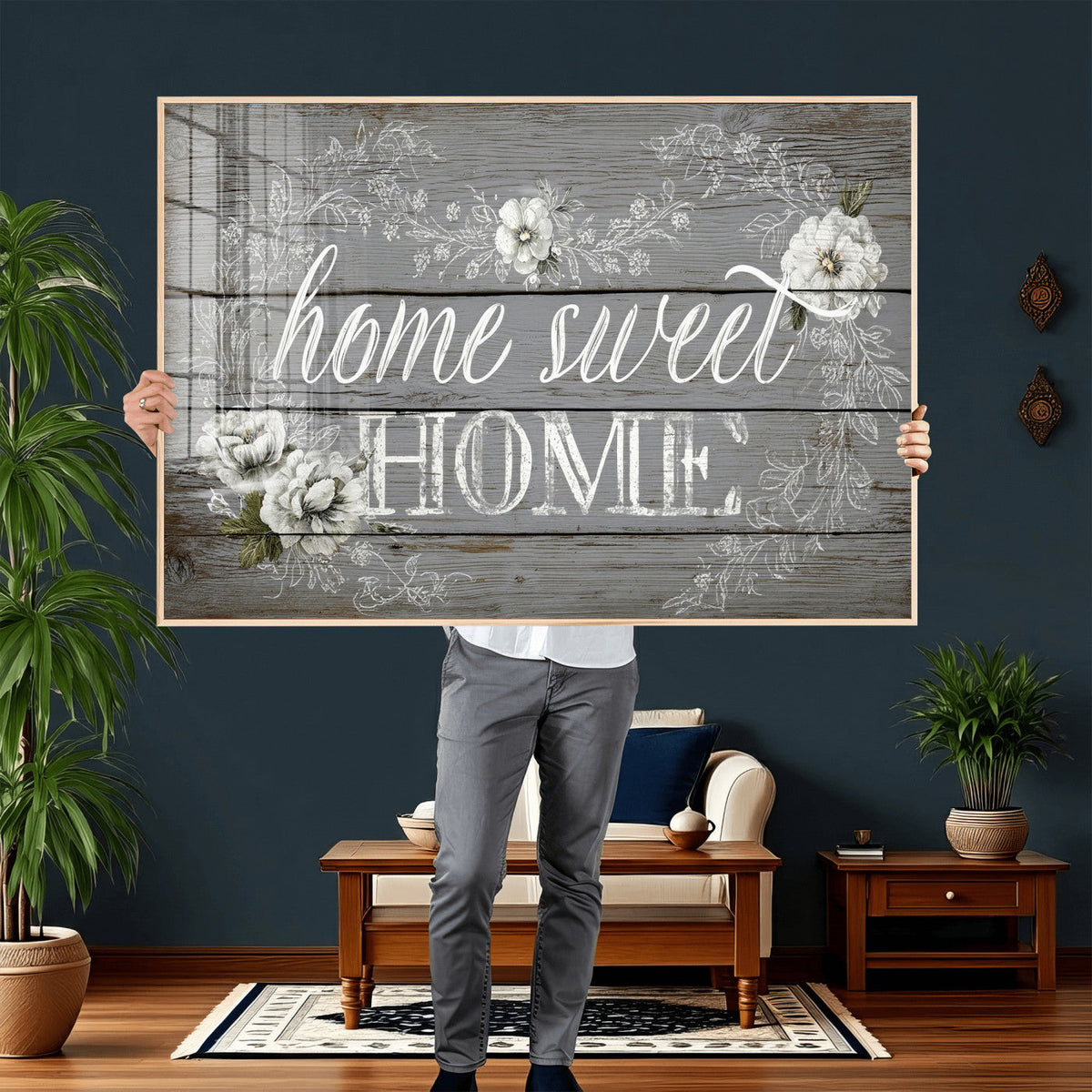 Home Sweet Home Sign Wall Art Canvas Print, Floral Farmhouse Decor