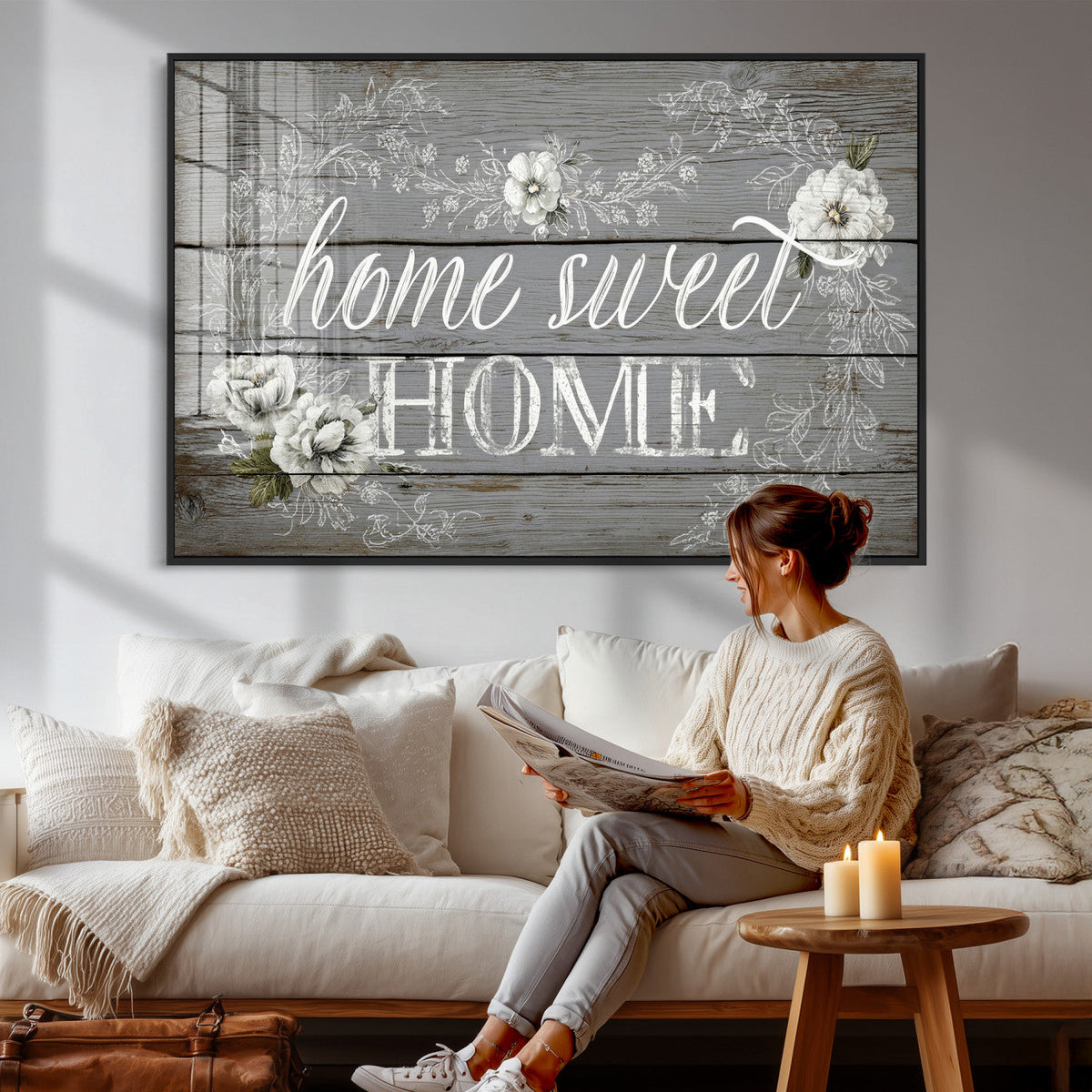 Home Sweet Home Sign Wall Art Canvas Print, Floral Farmhouse Decor