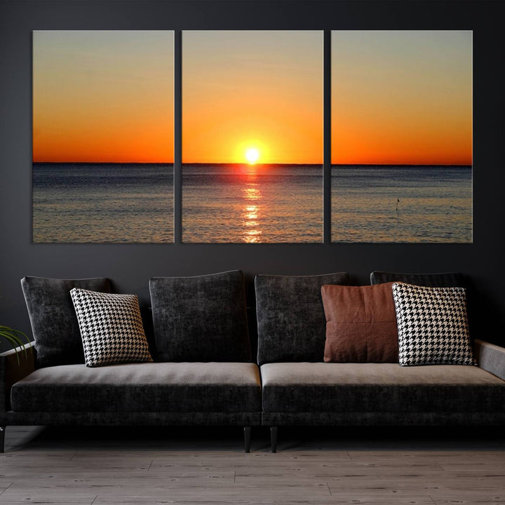 Framed Large Wall Art Canvas Sunset over Dark Blue Sea