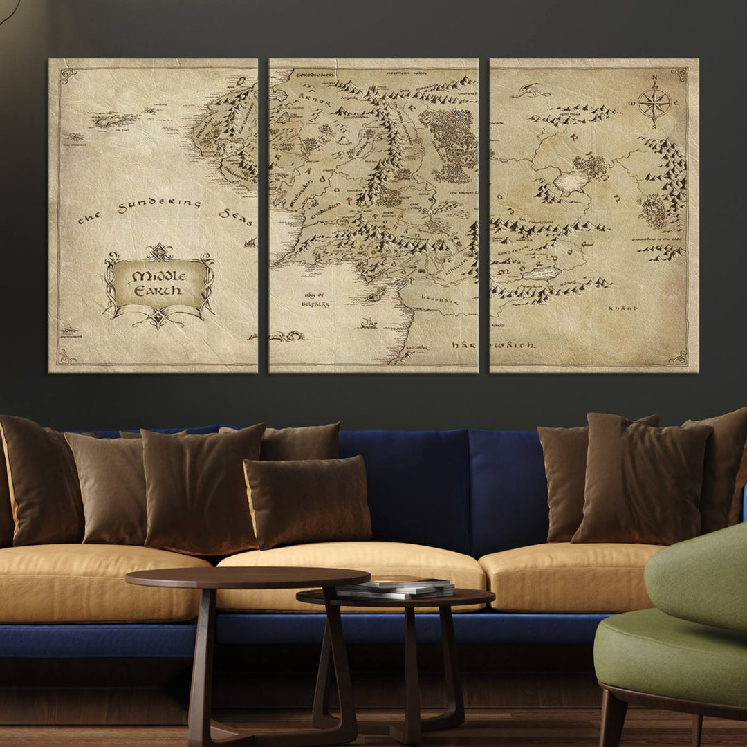 Middle Earth Map Canvas Wall Art Print, Vintage Style Lord of the Rings World Map Wall Art Print for Living Room, Office, or Study, Ready to Hang