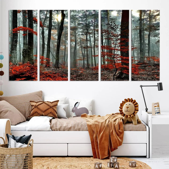 Red Leaves Foggy Forest in Autumn Wall Art Large Landscape Canvas Print