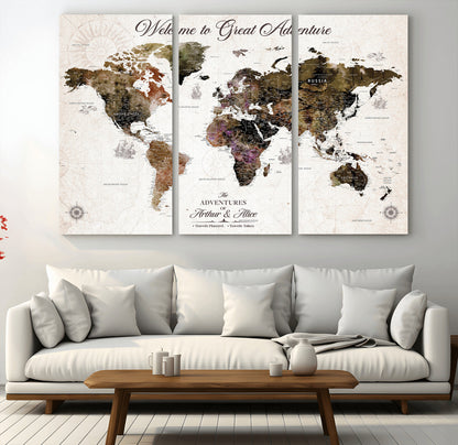 35778202-MGV-CV-48X32-3P-Custom Push Pin World Map Wall Canvas Print – Personalized Travel Map with Pins – Framed Large Canvas for Home Office Decor