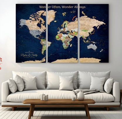 12399561-MGV-CV-60X40-3P-Personalized World Map Print, Customizable Push Pin Framed World Map Print on Canvas - Custom Quote on Map Print