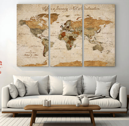 79036691-MGV-CV-60X40-3P-Custom Push Pin World Map Wall Canvas Print – Personalized Travel Tracker with Pins – Framed Custom Quotie Canvas for Home Office Decor