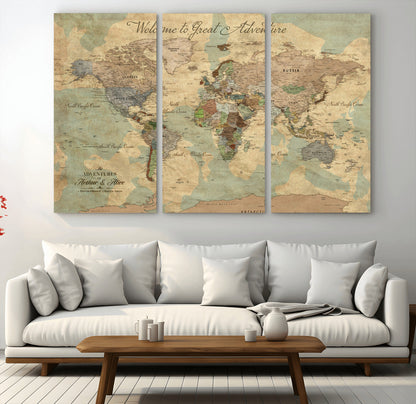 37466236-MGV-CV-48X32-3P-Custom Push Pin World Map Wall Canvas Print – Personalized Travel Tracker with Pins – Framed Custom Quotie Canvas for Home Office Decor