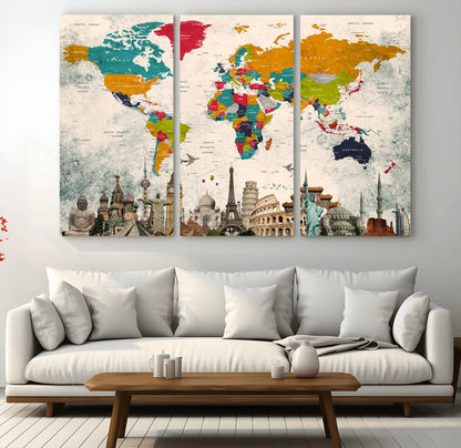 Push Pin World Map Canvas Print – Framed Wall Art for Couples to Track Their Travels – Anniversary Gift or Home Adventure Decor