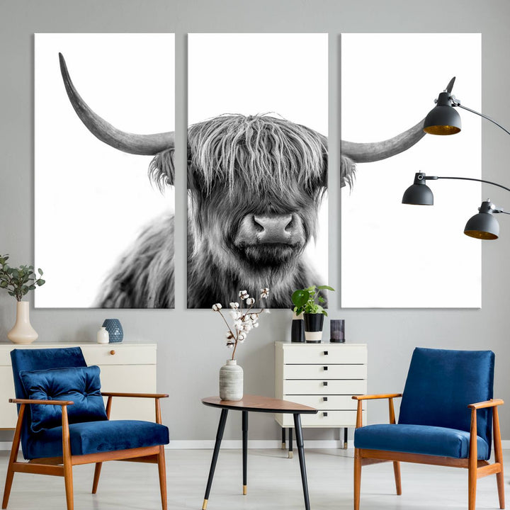 Scottish Highland Cow Cattle Art Print Wall Art Canvas Print for Farmhouse Decor, Framed Scottish Highland Cow Canvas
