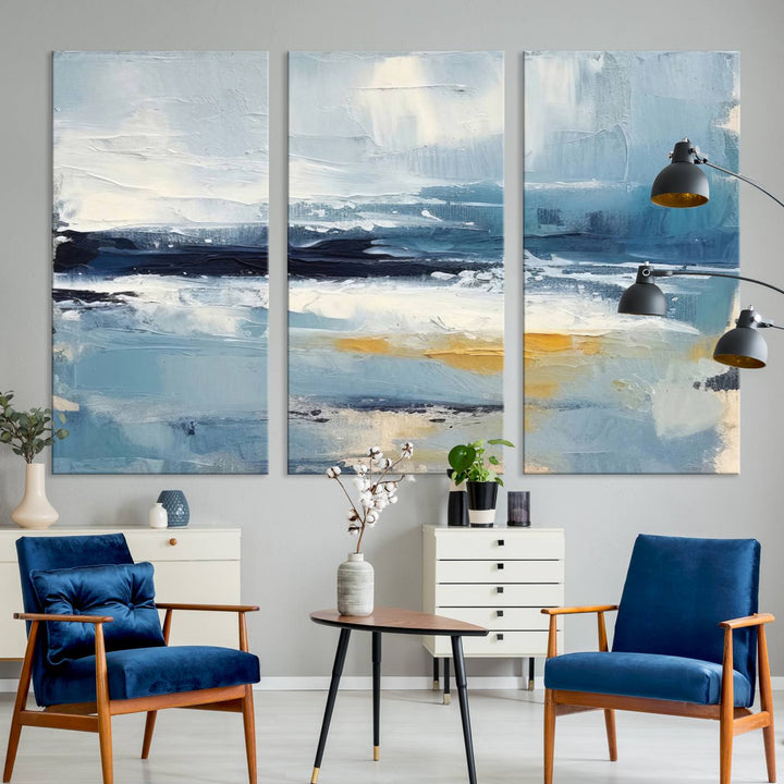 Abstract Ocean Canvas Wall Art - Coastal Blue and Gold Textured Painting, Modern Seascape Decor for Living Room Decor