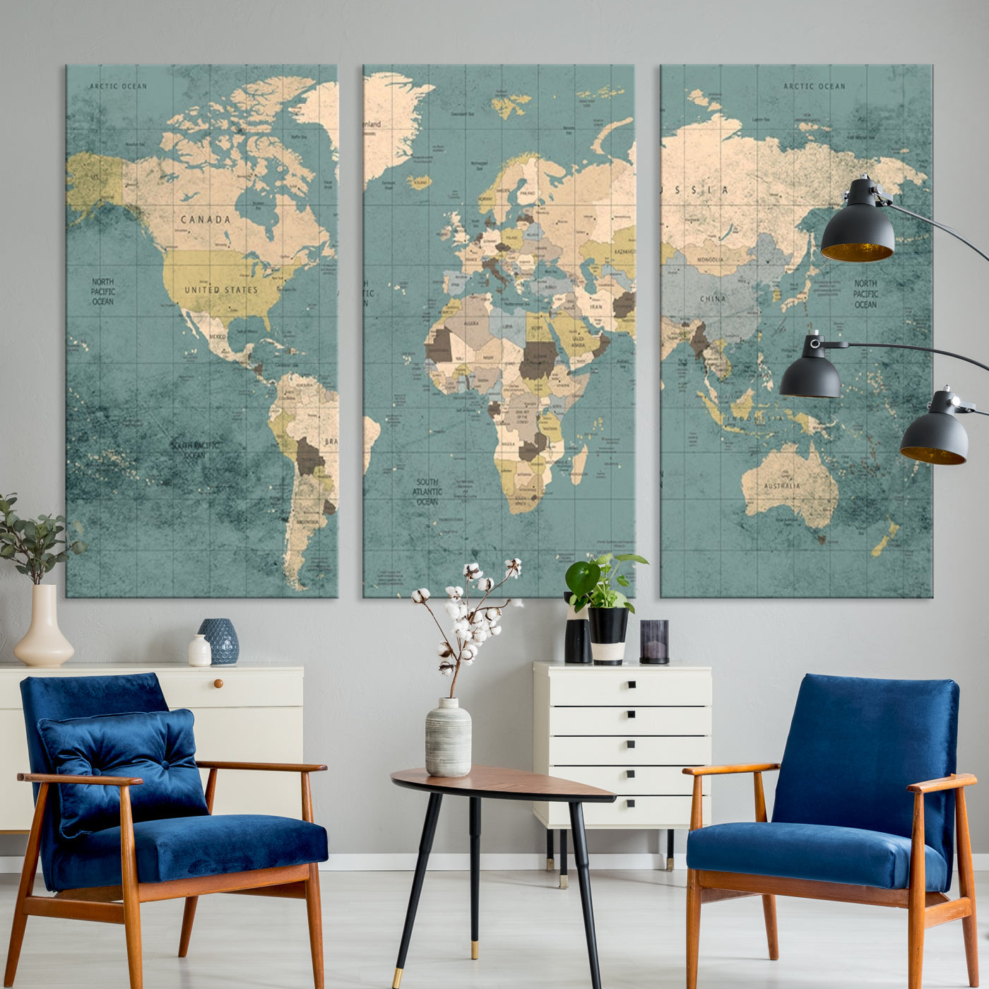Classic World Map Wall Art Canvas Print, Framed Retro Map Art Picture Print, Vintage Atlas Perfect Rustic Explorer Decor Artwork
