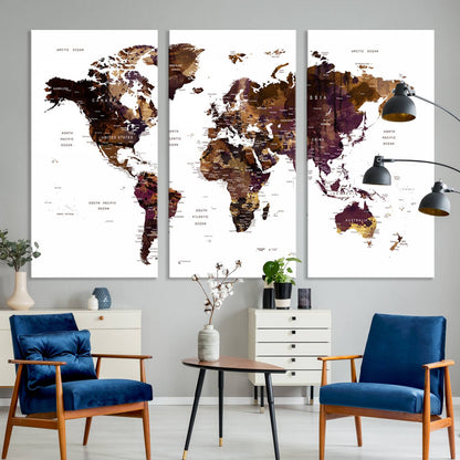 Push Pin World Map Canvas Print – Framed Wall Art for Couples to Track Their Travels – Anniversary Gift or Home Adventure Decor