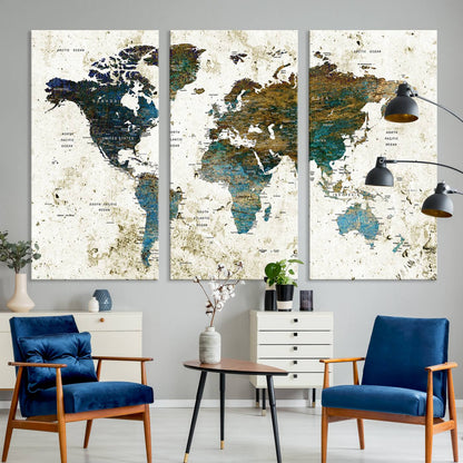 Push Pin World Map Canvas Print – Framed Wall Art for Couples to Track Their Travels – Anniversary Gift or Home Adventure Decor