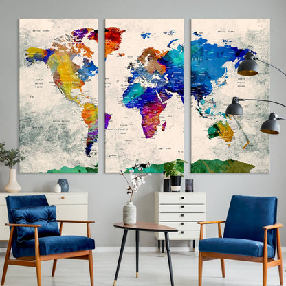 Push Pin World Map Canvas Print – Framed Wall Art for Couples to Track Their Travels – Anniversary Gift or Home Adventure Decor