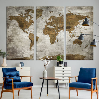 Push Pin World Map Canvas Print – Framed Wall Art for Couples to Track Their Travels – Anniversary Gift or Home Adventure Decor