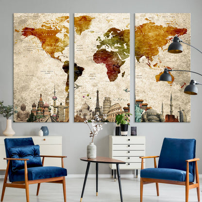 Push Pin World Map Canvas Print – Framed Wall Art for Couples to Track Their Travels – Anniversary Gift or Home Adventure Decor