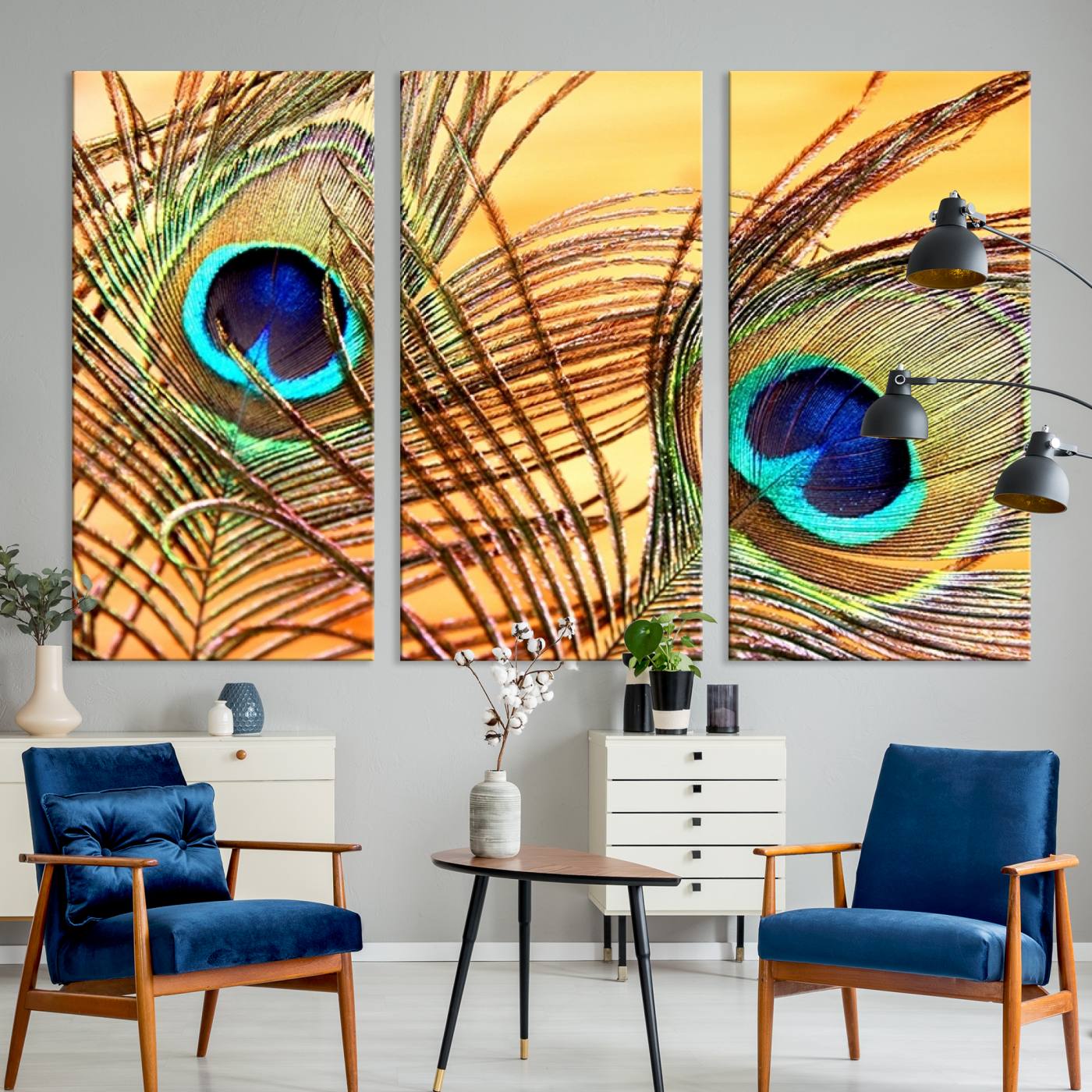 Peacock Feather Wall Art Print - Vibrant Green, Blue, and Orange Peacock Feather Design, Ready to Hang