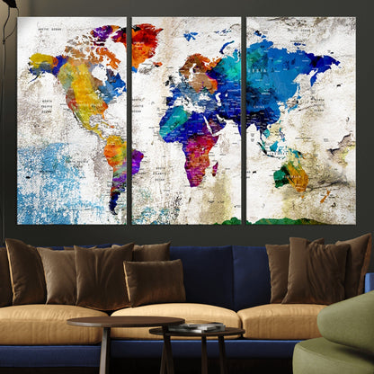 Push Pin World Map Canvas Print – Framed Wall Art for Couples to Track Their Travels – Anniversary Gift or Home Adventure Decor