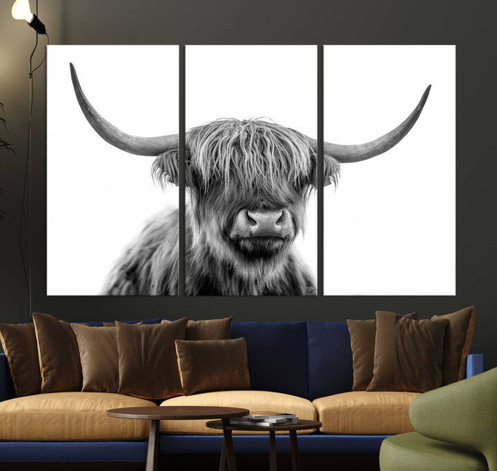 Scottish Highland Cow Cattle Art Print Wall Art Canvas Print for Farmhouse Decor, Framed Scottish Highland Cow Canvas