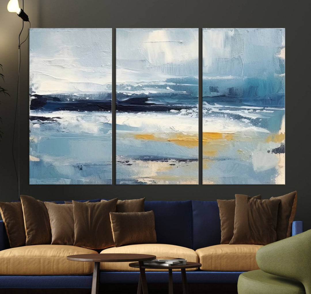 Abstract Ocean Canvas Wall Art - Coastal Blue and Gold Textured Painting, Modern Seascape Decor for Living Room Decor