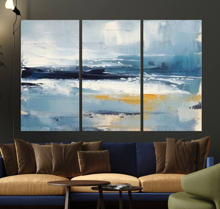 Abstract Ocean Canvas Wall Art - Coastal Blue and Gold Textured Painting, Modern Seascape Decor for Living Room Decor