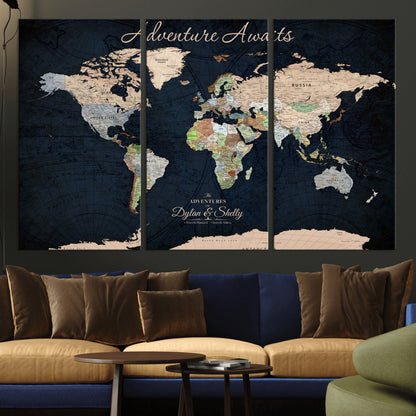 43186793-MGV-CV-30X20-Personalized World Map Print, Customizable Push Pin Framed World Map Print on Canvas - Custom Quote on Map Print
