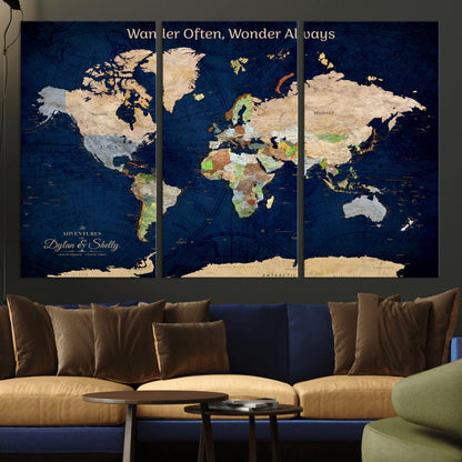 12399561-MGV-CV-30X20-Personalized World Map Print, Customizable Push Pin Framed World Map Print on Canvas - Custom Quote on Map Print