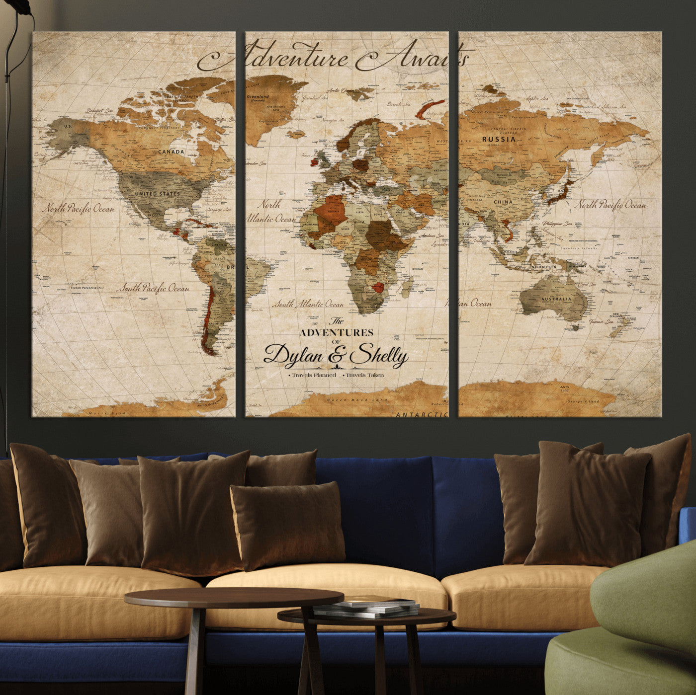 20810820-MGV-CV-30X20-Personalized World Map Print, Customizable Push Pin Framed World Map Print on Canvas - Custom Quote on Map Print