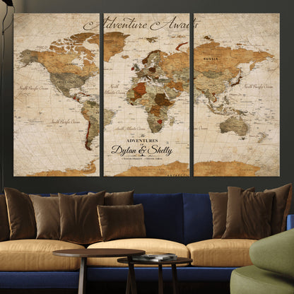 20810820-MGV-CV-30X20-Personalized World Map Print, Customizable Push Pin Framed World Map Print on Canvas - Custom Quote on Map Print