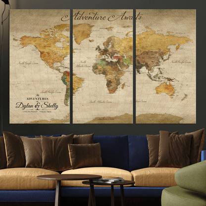 50298017-MGV-CV-36X24-Personalized World Map Print, Customizable Push Pin Framed World Map Print on Canvas - Custom Quote on Map Print