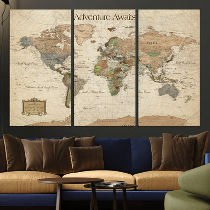 33020399-MGV-CV-30X20-Custom Push Pin World Map Wall Canvas Print – Personalized Travel Tracker with Pins – Framed Custom Quotie Canvas for Home Office Decor