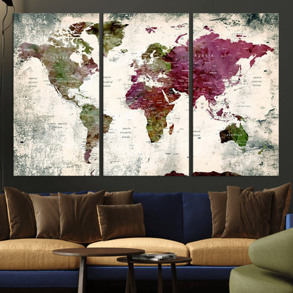 Push Pin World Map Canvas Print – Framed Wall Art for Couples to Track Their Travels – Anniversary Gift or Home Adventure Decor