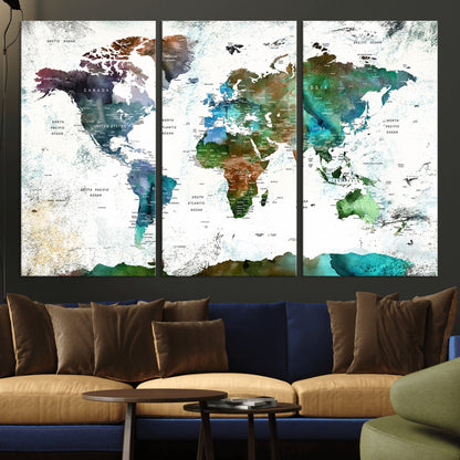 Push Pin World Map Canvas Print – Framed Wall Art for Couples to Track Their Travels – Anniversary Gift or Home Adventure Decor
