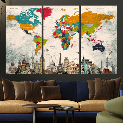 Push Pin World Map Canvas Print – Framed Wall Art for Couples to Track Their Travels – Anniversary Gift or Home Adventure Decor