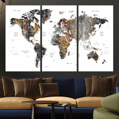 Push Pin World Map Canvas Print – Framed Wall Art for Couples to Track Their Travels – Anniversary Gift or Home Adventure Decor