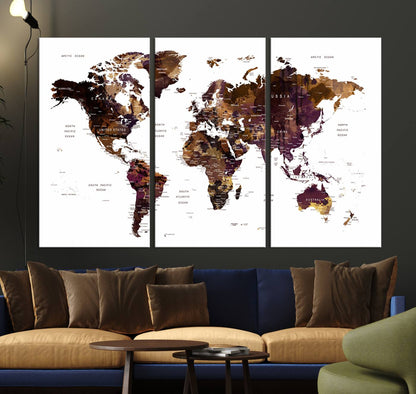 Push Pin World Map Canvas Print – Framed Wall Art for Couples to Track Their Travels – Anniversary Gift or Home Adventure Decor