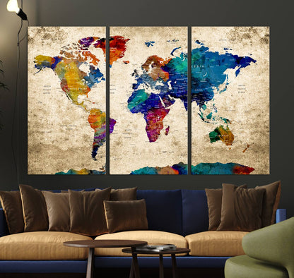 Push Pin World Map Canvas Print – Framed Wall Art for Couples to Track Their Travels – Anniversary Gift or Home Adventure Decor