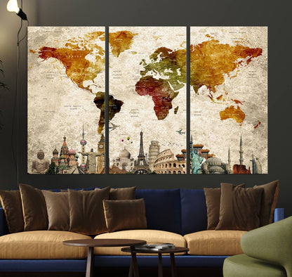 Push Pin World Map Canvas Print – Framed Wall Art for Couples to Track Their Travels – Anniversary Gift or Home Adventure Decor