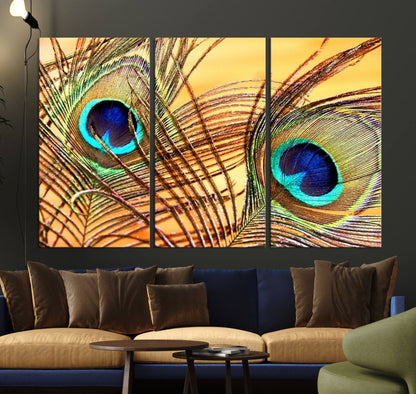 Peacock Feather Wall Art Print - Vibrant Green, Blue, and Orange Peacock Feather Design, Ready to Hang