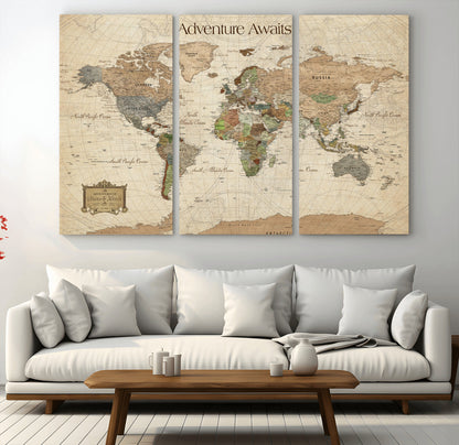 33020399-MGV-CV-30X20-Custom Push Pin World Map Wall Canvas Print – Personalized Travel Tracker with Pins – Framed Custom Quotie Canvas for Home Office Decor