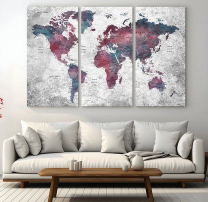 Push Pin World Map Canvas Print – Framed Wall Art for Couples to Track Their Travels – Anniversary Gift or Home Adventure Decor