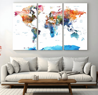 Push Pin World Map Canvas Print – Framed Wall Art for Couples to Track Their Travels – Anniversary Gift or Home Adventure Decor