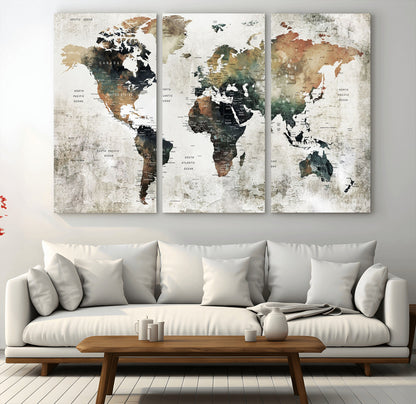 Push Pin World Map Canvas Print – Framed Wall Art for Couples to Track Their Travels – Anniversary Gift or Home Adventure Decor