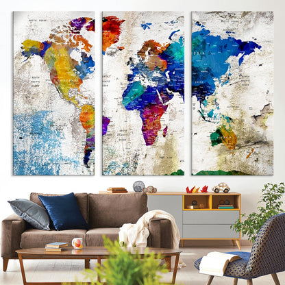 Push Pin World Map Canvas Print – Framed Wall Art for Couples to Track Their Travels – Anniversary Gift or Home Adventure Decor