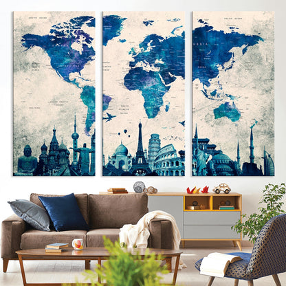 Navy Blue World Map Canvas Print, Wonder of World Map Push Pin Canvas Print
