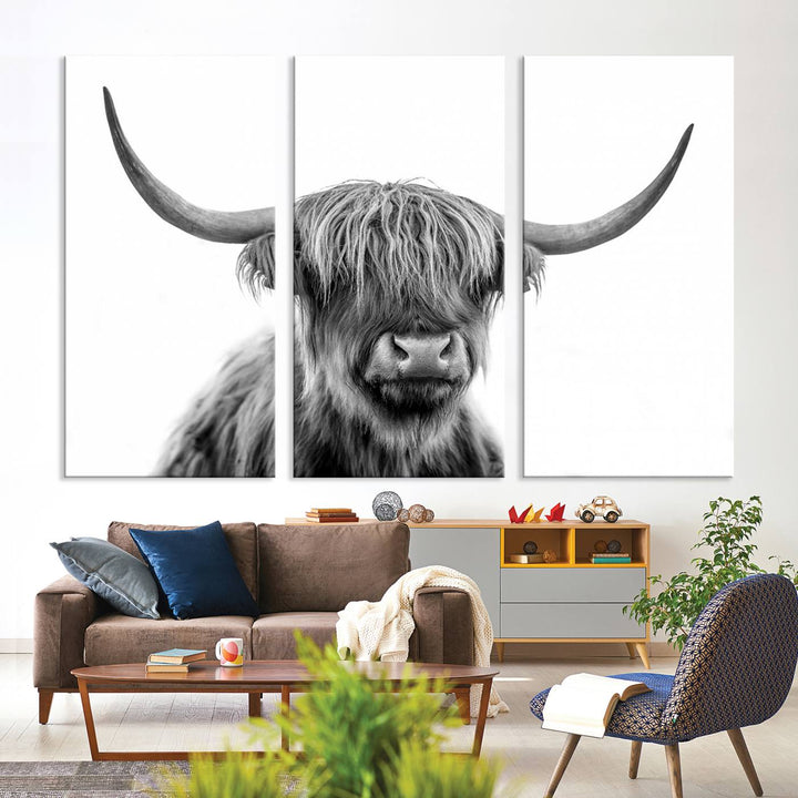 Scottish Highland Cow Cattle Art Print Wall Art Canvas Print for Farmhouse Decor, Framed Scottish Highland Cow Canvas